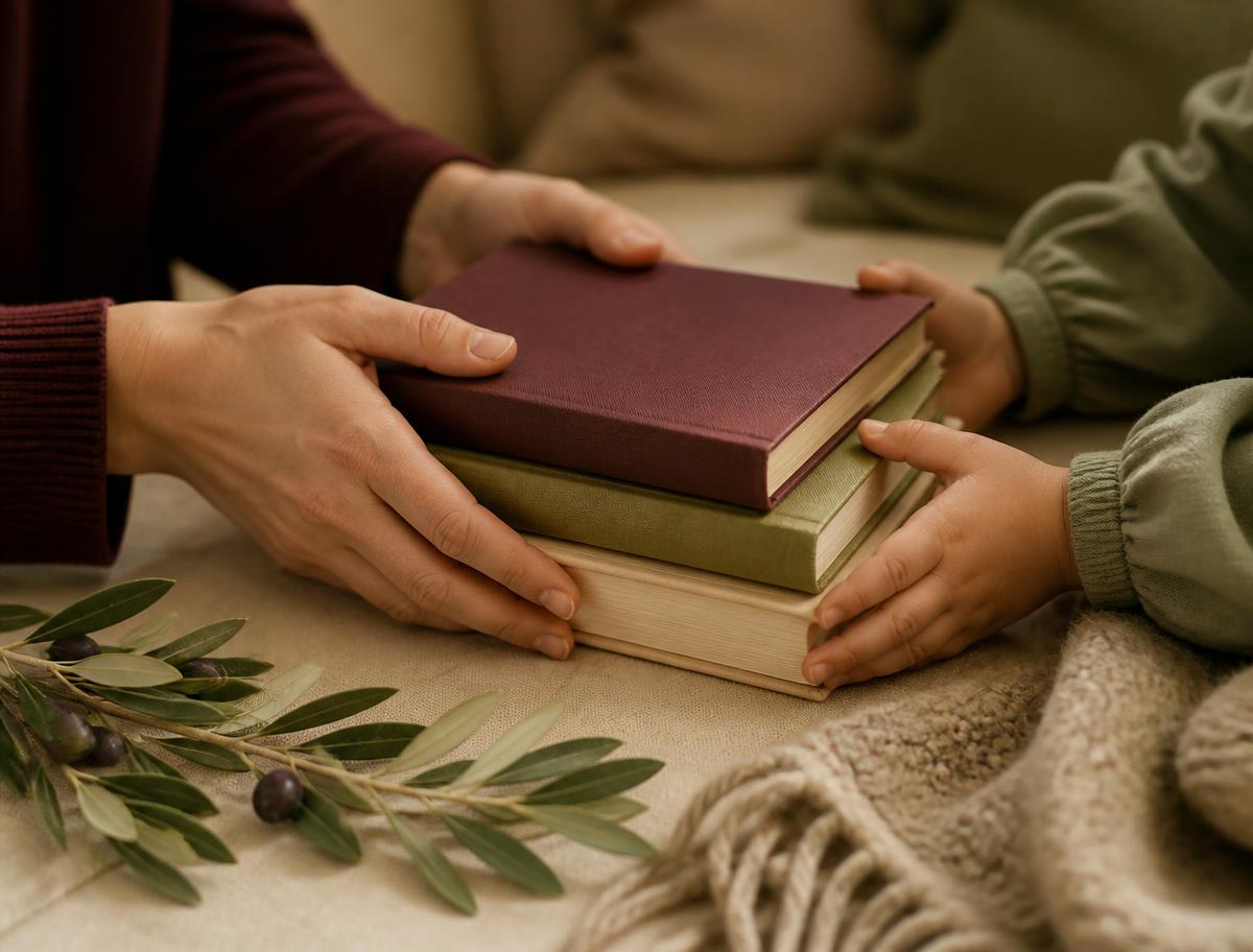 Mãos de adulto e de criança segurando juntas uma pequena pilha de livros sobre mesa clara com ramo de oliveira