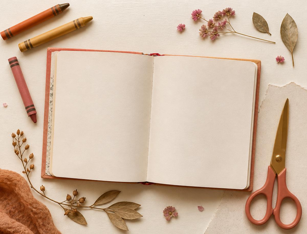 Caderno aberto com páginas em branco, giz de cera, tesoura e flores secas sobre fundo creme