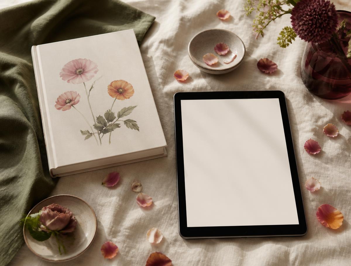 Livro ilustrado de capa clara com flores em aquarela ao lado de um tablet sobre tecido de linho